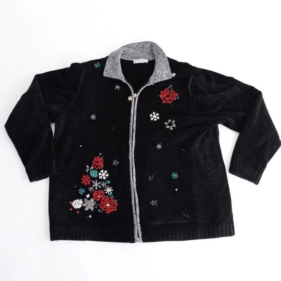 Vintage Allison Daley Black Zip Cardigan Holiday Snowflakes Festive Sweater L - Picture 5 of 16